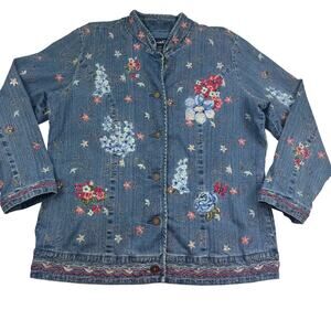 Denim & Co. Vintage Cotton Boho Floral Embroidered Denim Jacket Women's Large
